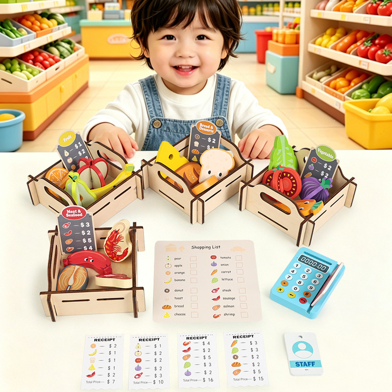 Toy Cash Register - Ahşap Süpermarket Oyun Seti, Çocuklar İçin